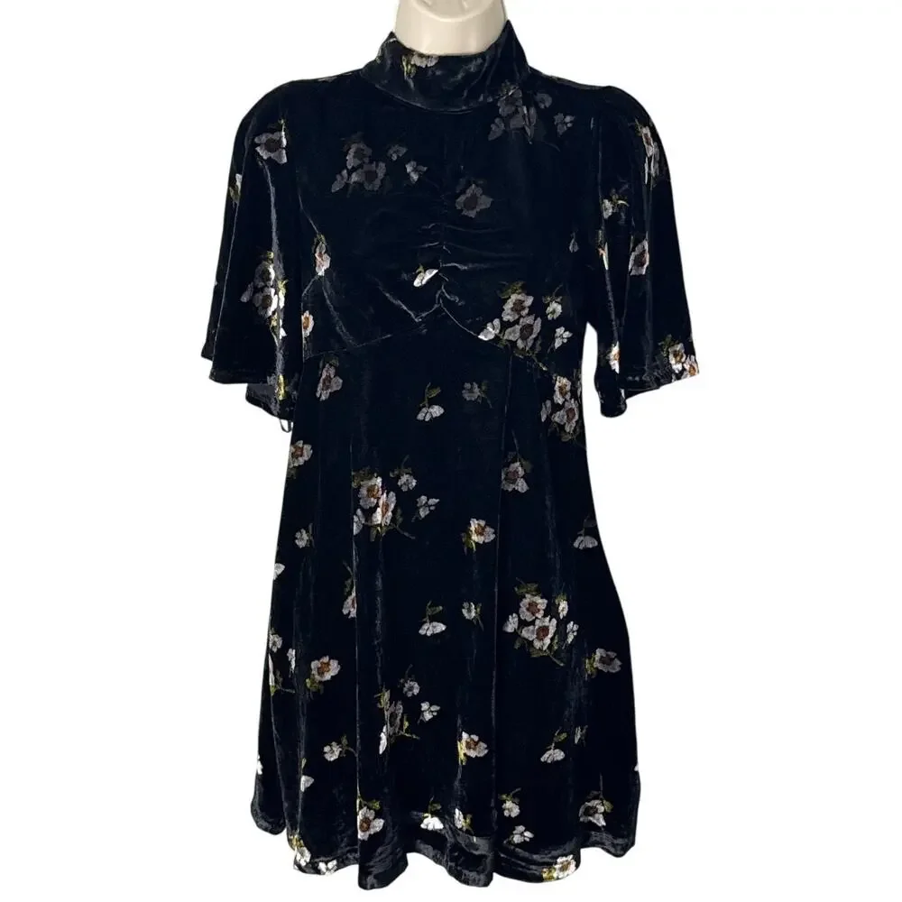 Free People Be My Baby Velvet A-Line Mini‎ Dress Black Floral Size 4 - Picture 4 of 13
